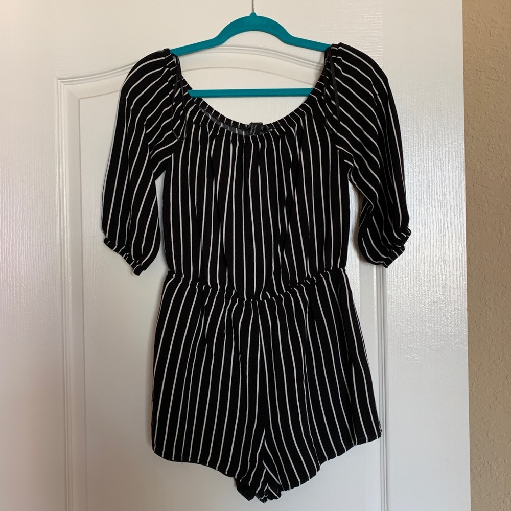 Black & White Striped Off the Shoulder Romper